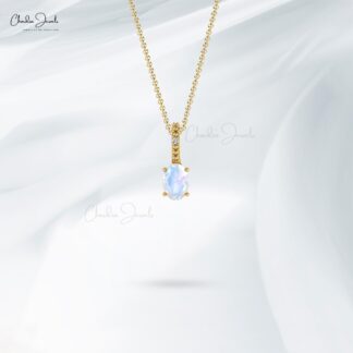 Rainbow Moonstone 0.54 Ct Gemstone and Diamond 14k Real Gold Hidden Bail Pendant