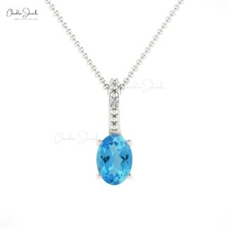 Solid 14k Gold 2 Stone Pendant In 6x4mm Swiss Blue Topaz And Diamond Pendants