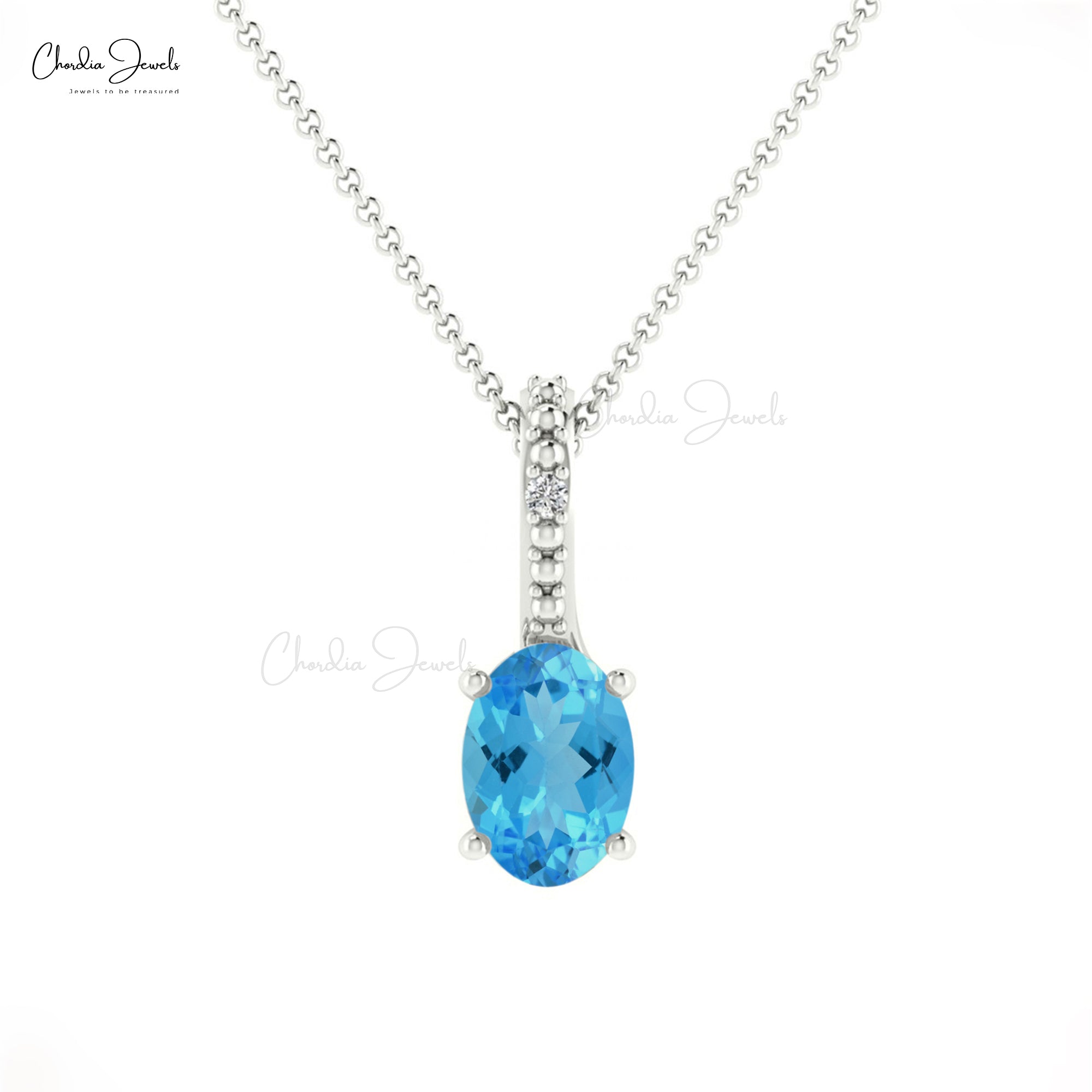 Solid 14k Gold 2 Stone Pendant In 6x4mm Swiss Blue Topaz And Diamond Pendants