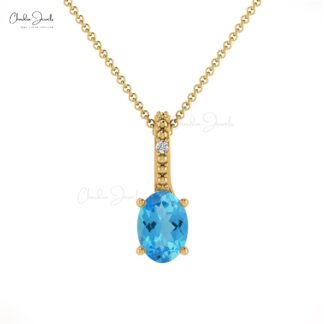 Solid 14k Gold 2 Stone Pendant In 6x4mm Swiss Blue Topaz And Diamond Pendants