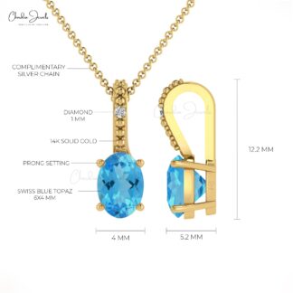 Solid 14k Gold 2 Stone Pendant In 6x4mm Swiss Blue Topaz And Diamond Pendants
