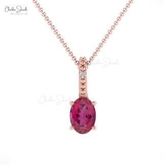 Hidden Bail Diamond Locket With 6x4mm Pink Tourmaline 14k Real Gold Pendant