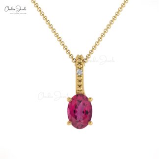 Hidden Bail Diamond Locket With 6x4mm Pink Tourmaline 14k Real Gold Pendant