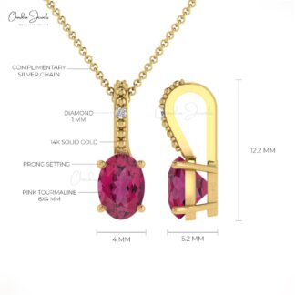 Hidden Bail Diamond Locket With 6x4mm Pink Tourmaline 14k Real Gold Pendant