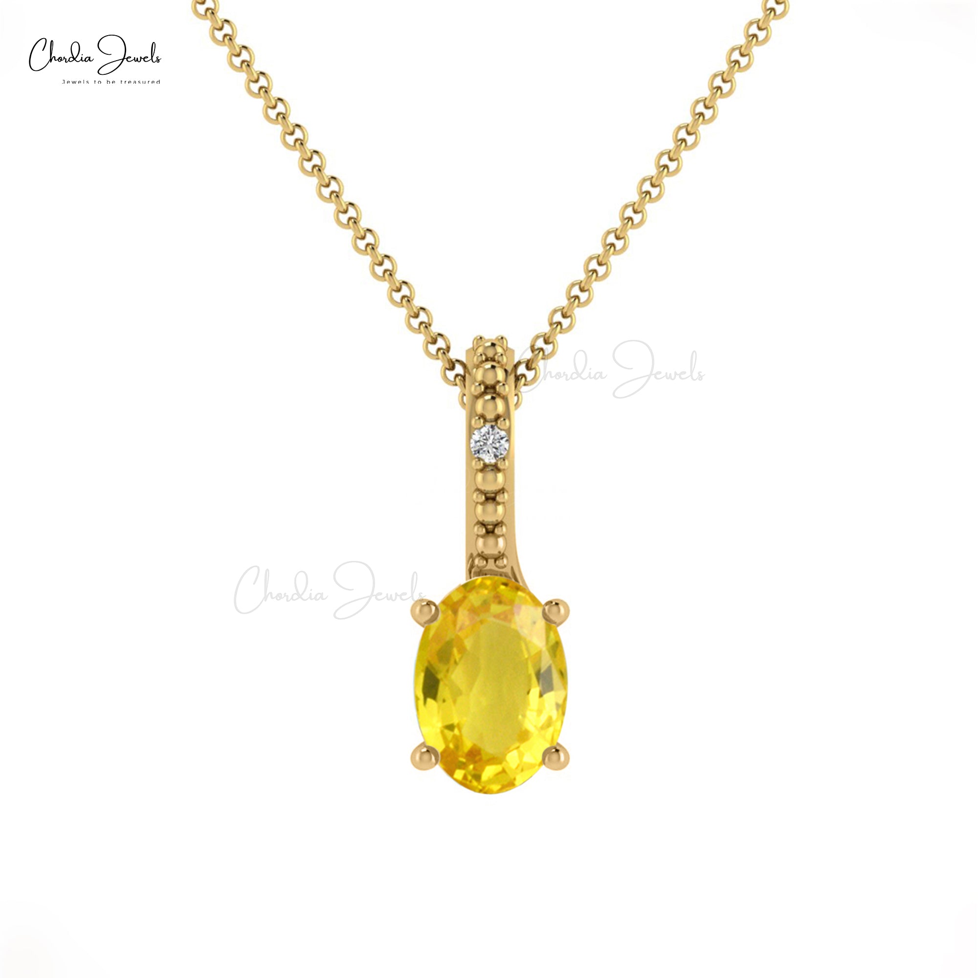 Pure 14k Gold 2 Stone Charm With 6x4mm Yellow Sapphire Diamond Hidden Bail Pendant