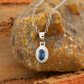 Classic Halo Blue Sapphire Solitaire Pendant, 1 mm Round Full Cut Diamond Simulant Pendant Necklace Real 14k White Gold Jewelry For Valentine’s Day Gift