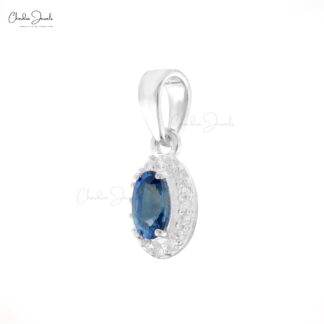 Classic Halo Blue Sapphire Solitaire Pendant, 1 mm Round Full Cut Diamond Simulant Pendant Necklace Real 14k White Gold Jewelry For Valentine’s Day Gift