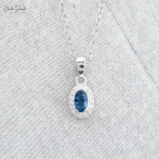 Classic Halo Blue Sapphire Solitaire Pendant, 1 mm Round Full Cut Diamond Simulant Pendant Necklace Real 14k White Gold Jewelry For Valentine’s Day Gift
