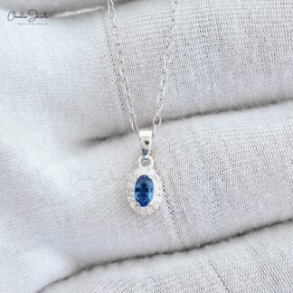 Classic Halo Blue Sapphire Solitaire Pendant, 1 mm Round Full Cut Diamond Simulant Pendant Necklace Real 14k White Gold Jewelry For Valentine’s Day Gift