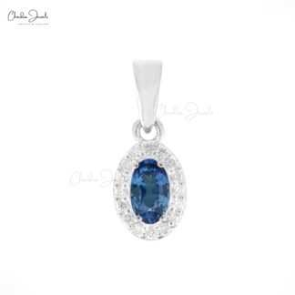 Classic Halo Blue Sapphire Solitaire Pendant, 1 mm Round Full Cut Diamond Simulant Pendant Necklace Real 14k White Gold Jewelry For Valentine's Day Gift