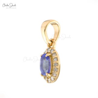 Solid 14k Yellow Gold Diamond Halo Wedding Pendant Natural Tanzanite Pendant 0.24 Ct December Birthstone Fine Jewelry For Her