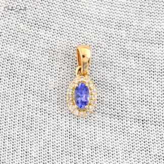 Solid 14k Yellow Gold Diamond Halo Wedding Pendant Natural Tanzanite Pendant 0.24 Ct December Birthstone Fine Jewelry For Her