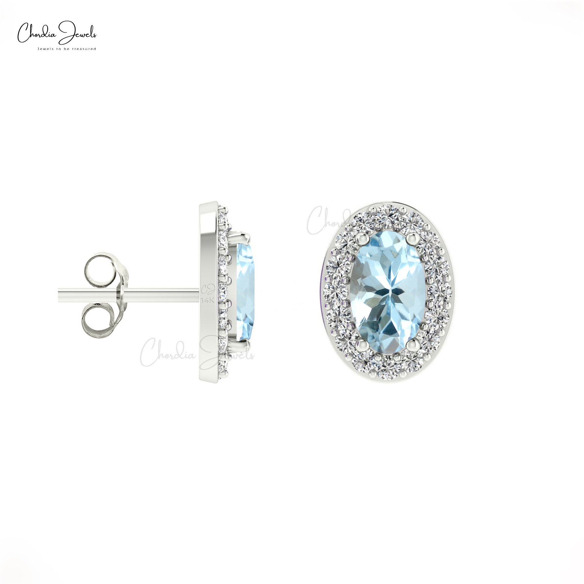 Genuine 14K Gold Oval Aquamarine & White Diamond Halo Earrings