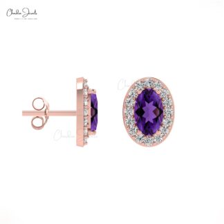 AAA Purple 5x3mm Oval Cut Natural Amethyst Halo Earrings, 0.44 Ct 4-Prong Set February Birthstone Gemstone Earrings, 14k Solid Gold Diamond Minimalist Jewelry For Her