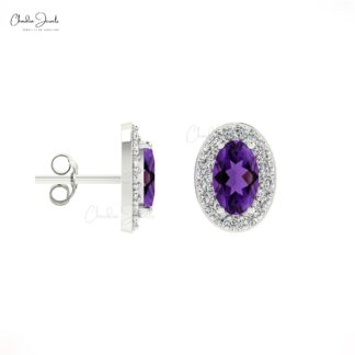 AAA Purple 5x3mm Oval Cut Natural Amethyst Halo Earrings, 0.44 Ct 4-Prong Set February Birthstone Gemstone Earrings, 14k Solid Gold Diamond Minimalist Jewelry For Her