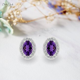 AAA Purple 5x3mm Oval Cut Natural Amethyst Halo Earrings, 0.44 Ct 4-Prong Set February Birthstone Gemstone Earrings, 14k Solid Gold Diamond Minimalist Jewelry For Her