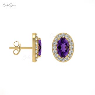 AAA Purple 5x3mm Oval Cut Natural Amethyst Halo Earrings, 0.44 Ct 4-Prong Set February Birthstone Gemstone Earrings, 14k Solid Gold Diamond Minimalist Jewelry For Her