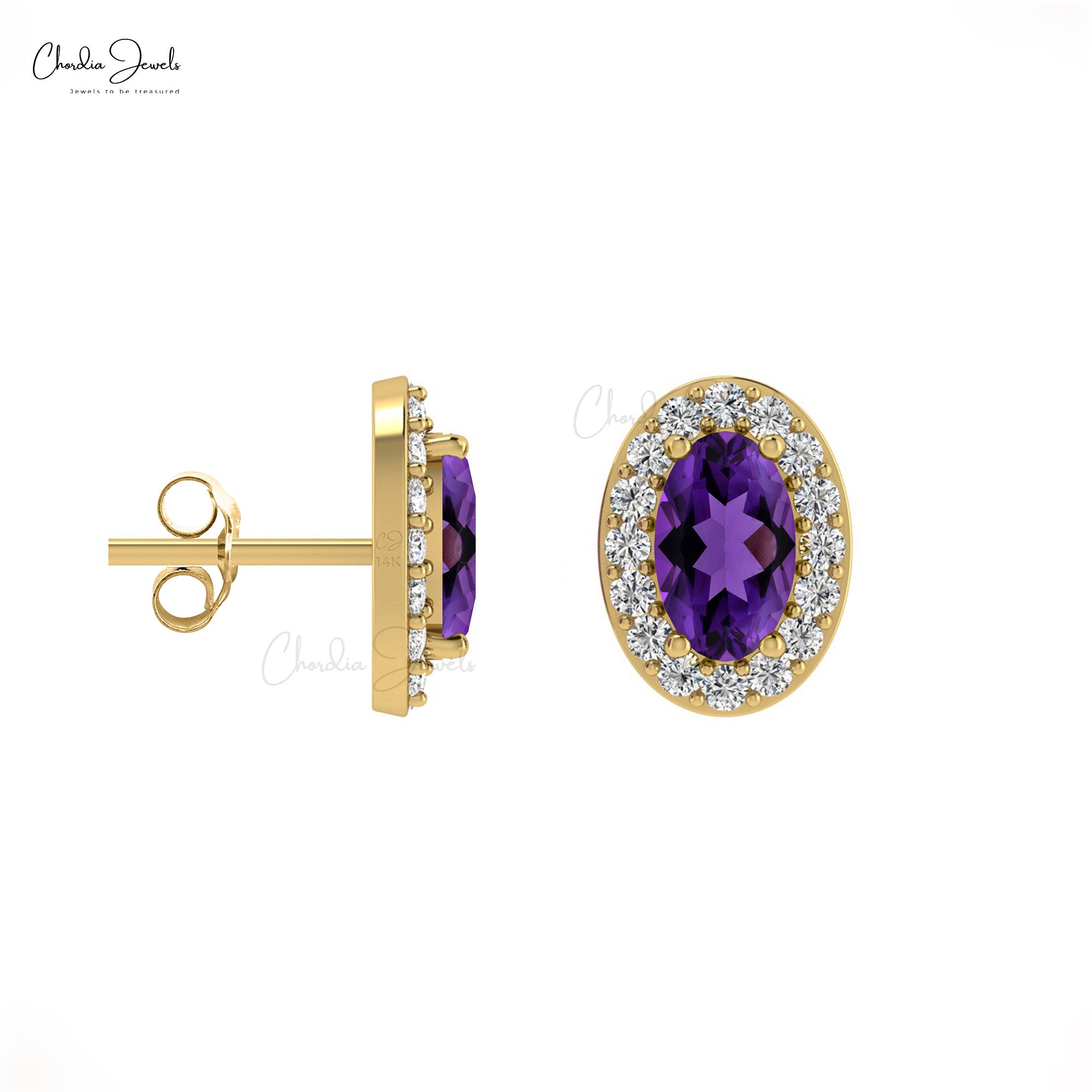 AAA Purple 5x3mm Oval Cut Natural Amethyst Halo Earrings, 0.44 Ct 4-Prong Set February Birthstone Gemstone Earrings, 14k Solid Gold Diamond Minimalist Jewelry For Her