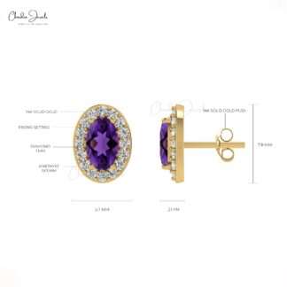 AAA Purple 5x3mm Oval Cut Natural Amethyst Halo Earrings, 0.44 Ct 4-Prong Set February Birthstone Gemstone Earrings, 14k Solid Gold Diamond Minimalist Jewelry For Her
