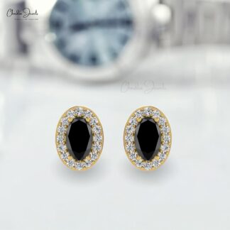 Natural 0.64ct Black Diamond Dainty Earrings 14k Solid Gold White Diamond Halo Studs For Gift
