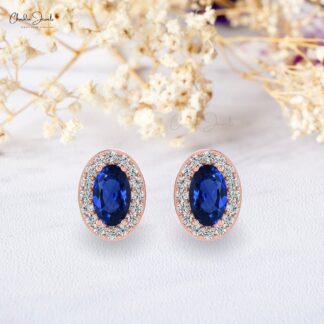 Genuine Blue Sapphire Stud Earrings with Round-Cut Diamonds in 14k Solid Gold For Her
