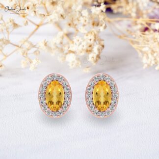 Elegant Yellow Citrine Halo Studs 14k Real Gold Diamond Handmade Earrings 5x3mm Oval Cut Natural Gemstone Earrings For Birthday Gift