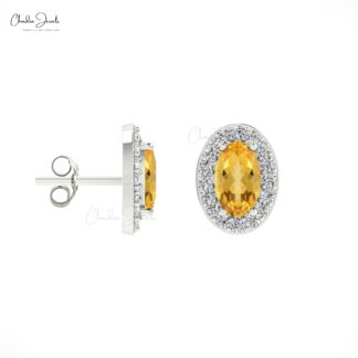Elegant Yellow Citrine Halo Studs 14k Real Gold Diamond Handmade Earrings 5x3mm Oval Cut Natural Gemstone Earrings For Birthday Gift
