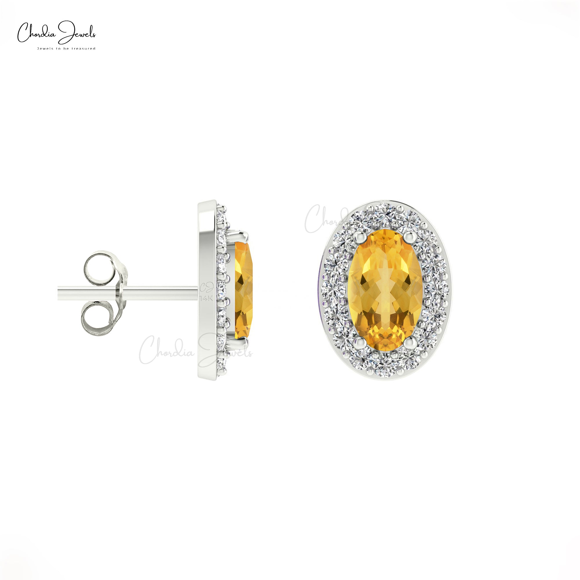 Elegant Yellow Citrine Halo Studs 14k Real Gold Diamond Handmade Earrings 5x3mm Oval Cut Natural Gemstone Earrings For Birthday Gift