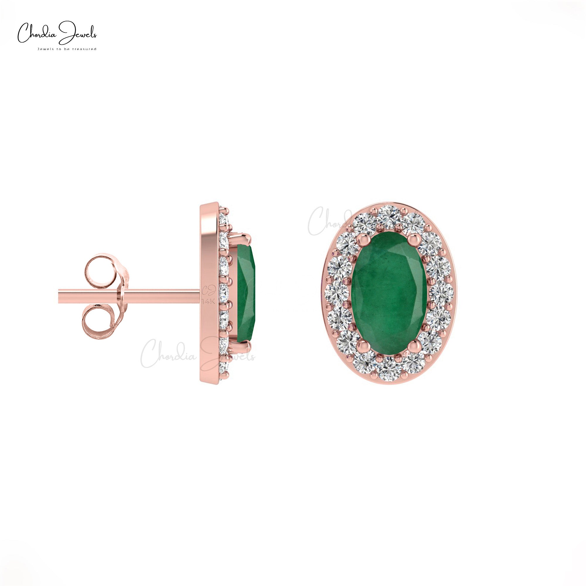 Oval Emerald & Diamond Halo Earrings In 14k Solid Gold For Women