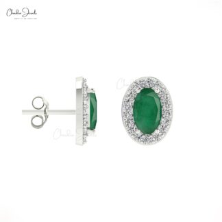 Oval Emerald & Diamond Halo Earrings In 14k Solid Gold For Women