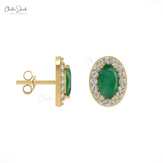 Oval Emerald & Diamond Halo Earrings In 14k Solid Gold For Women