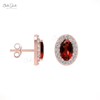 Minimalist 14K Gold Garnet & Round Diamond Halo Earrings