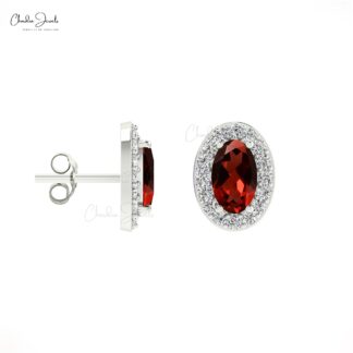 Minimalist 14K Gold Garnet & Round Diamond Halo Earrings