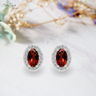 Minimalist 14K Gold Garnet & Round Diamond Halo Earrings