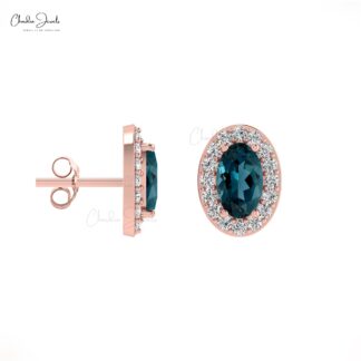 Solid 14k Gold Diamond Halo Earrings Authentic 5x3mm London Blue Topaz Studs For Wedding Gift