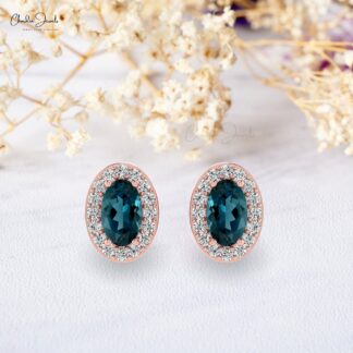 Solid 14k Gold Diamond Halo Earrings Authentic 5x3mm London Blue Topaz Studs For Wedding Gift