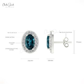 Solid 14k Gold Diamond Halo Earrings Authentic 5x3mm London Blue Topaz Studs For Wedding Gift