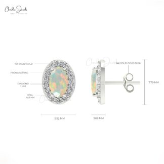 Natural 5x3mm Opal Dainty Earrings 14k Solid Gold Diamond Halo Earrings For Graduation Gift