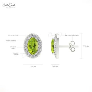 New Original Design Natural White Diamond Halo Studs August Birthstone Green Peridot Gemstone Stud Earrings 14k Solid Gold Hallmarked Jewelry For Gift
