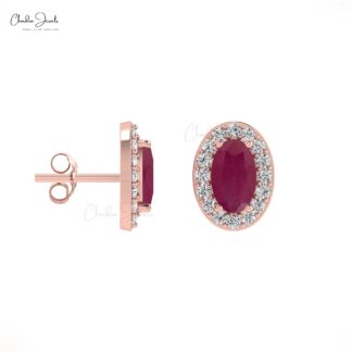 Solid 14K Gold 5x3mm Oval Ruby Gemstone & Diamond Halo Stud Earrings For Love