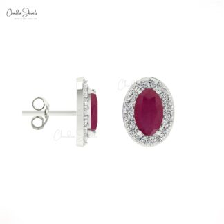 Solid 14K Gold 5x3mm Oval Ruby Gemstone & Diamond Halo Stud Earrings For Love