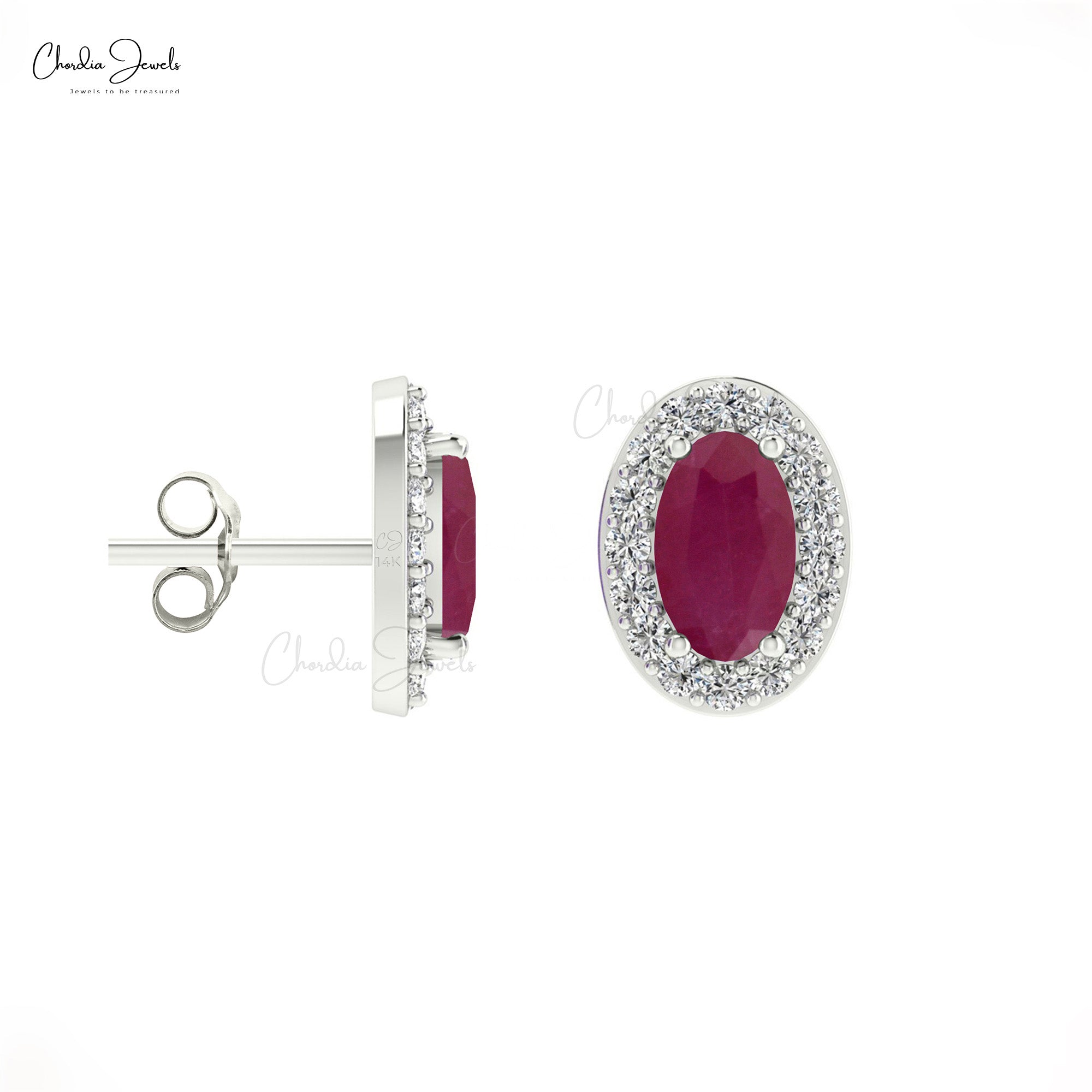 Solid 14K Gold 5x3mm Oval Ruby Gemstone & Diamond Halo Stud Earrings For Love