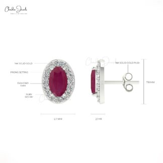 Solid 14K Gold 5x3mm Oval Ruby Gemstone & Diamond Halo Stud Earrings For Love