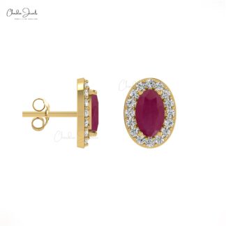 Solid 14K Gold 5x3mm Oval Ruby Gemstone & Diamond Halo Stud Earrings For Love