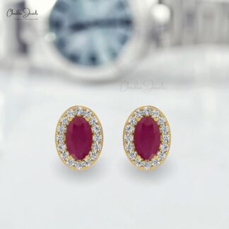 Solid 14K Gold 5x3mm Oval Ruby Gemstone & Diamond Halo Stud Earrings For Love