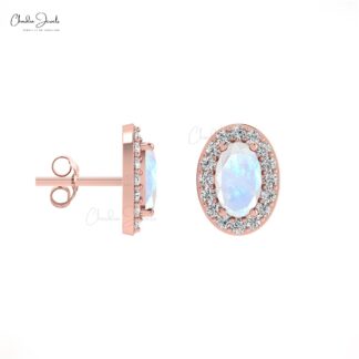 Diamond Halo Earrings with Oval Rainbow Moonstone in 14K Gold