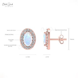 Diamond Halo Earrings with Oval Rainbow Moonstone in 14K Gold