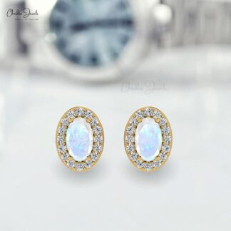 Diamond Halo Earrings with Oval Rainbow Moonstone in 14K Gold