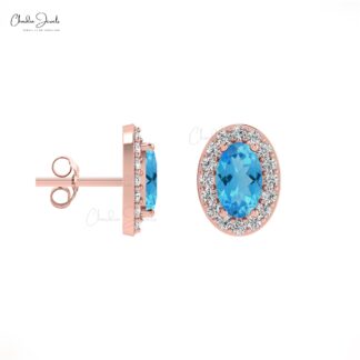 Real 14k Rose Gold Stud Earrings Natural Swiss Blue Topaz and 1mm Round Diamond Halo Studs