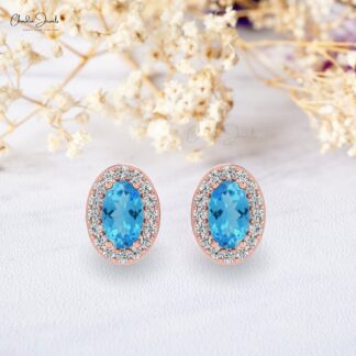 Real 14k Rose Gold Stud Earrings Natural Swiss Blue Topaz and 1mm Round Diamond Halo Studs